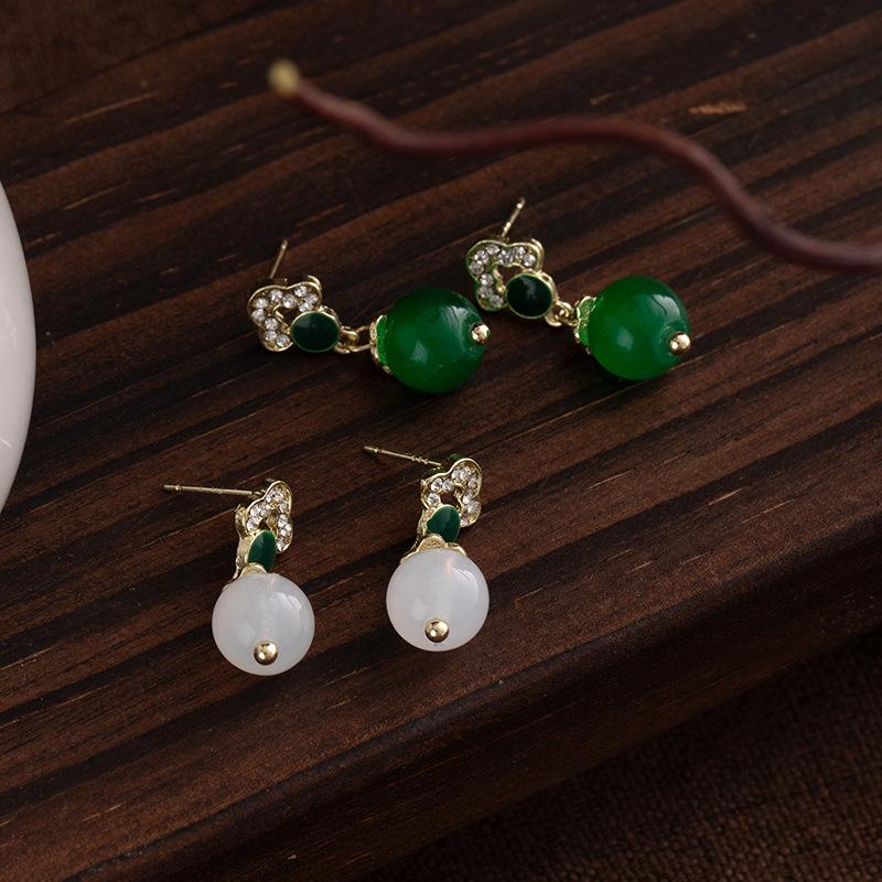 New Chinese-Style Earrings Versatile High-End Light Luxury Round Diamond Emerald Earrings Niche Temperament Zircon Earrings Earrings Ear Jewelry