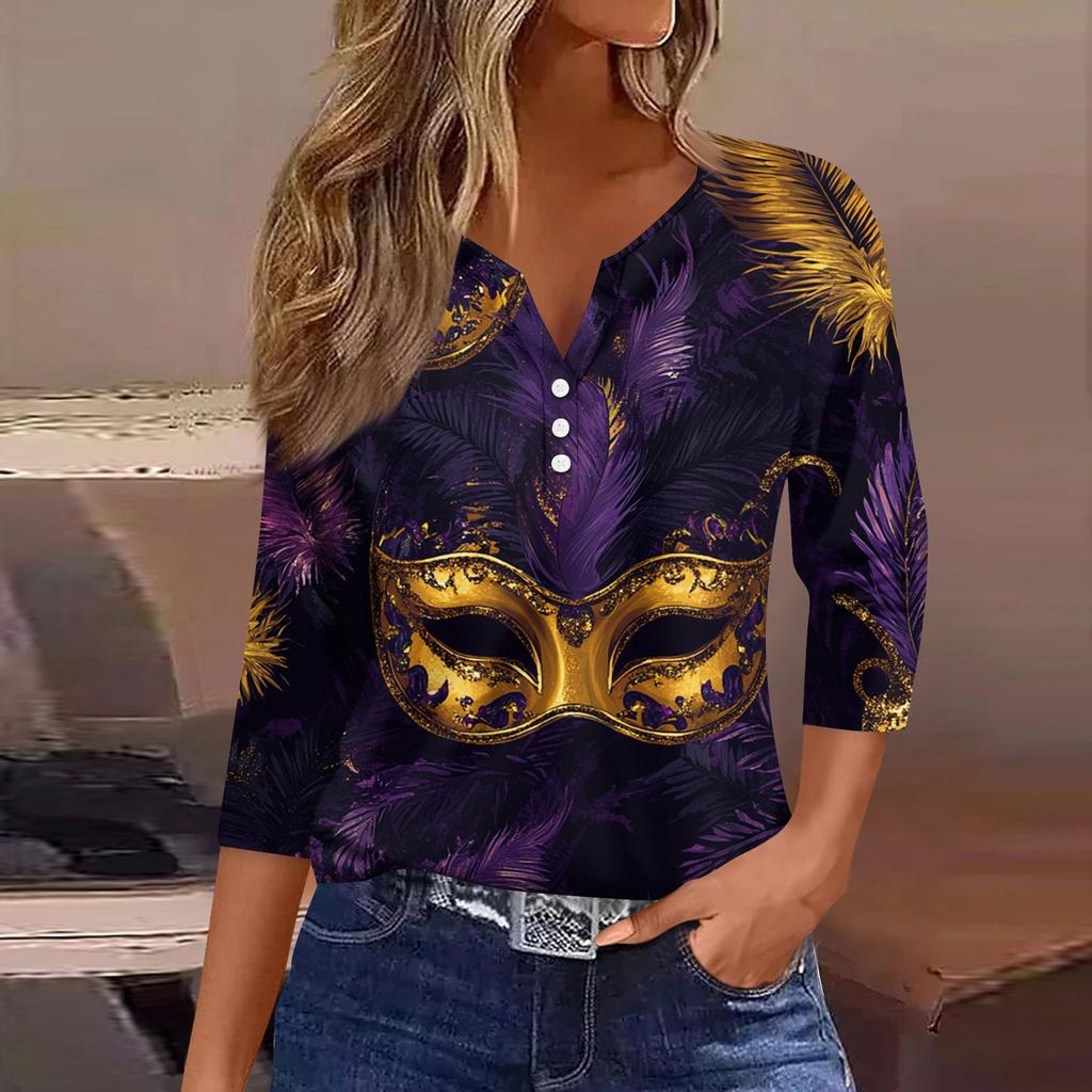 T-skjorte for kvinner T-skjorte med knapp 3/4-ermet Daglig helgmote Basic V-hals vanlig topp