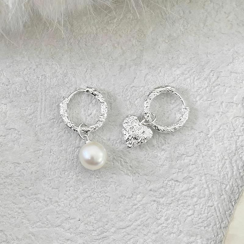Real Sterling Silver Heart Pearl Pendant Hoop Earrings for Women Cute Asymmetric Fine Minimalist Accessories