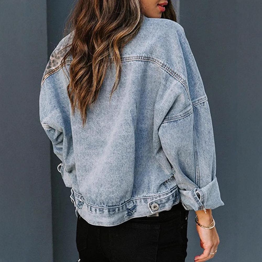Leopard Print Long Sleeve Denim Jacket - Short, Loose, Versatile Top