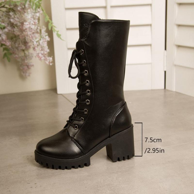 

Platform High Boots Autumn Winter New Round Toe Lace-Up Side Zipper Soft Sole Block Heel Women S Shoes 43
