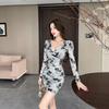 Women's Sexy Black Folded Mesh V-Neck Long Sleeve Hip Wrap Short Bottom Dress Autumn New