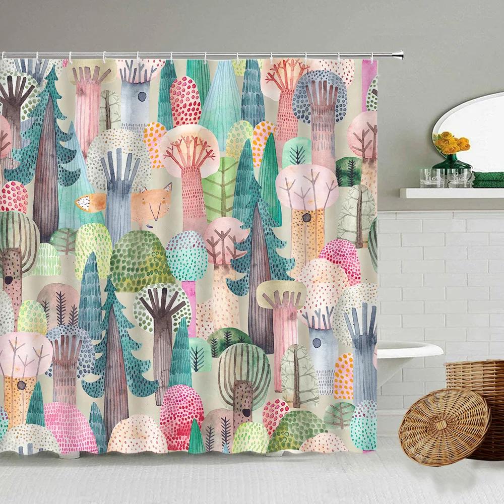 Cartoon Handbemalter Tier Duschvorhang, Katze, Vogel, Kaninchen, Pflanze, Blume, Kinder Badezimmer Dekor mit Haken, Hängender Sichtschutz