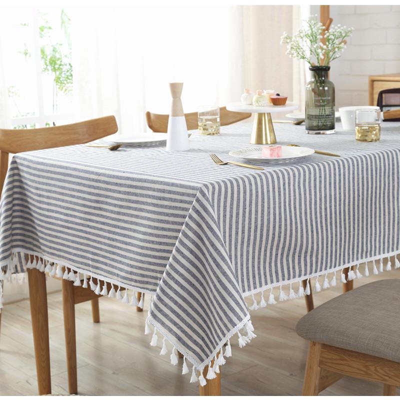 Minimalist Striped Tablecloth Cotton Linen Tassel Anti Scalding Table Mat Rectangular Universal Dustproof Decorative Desk Cover