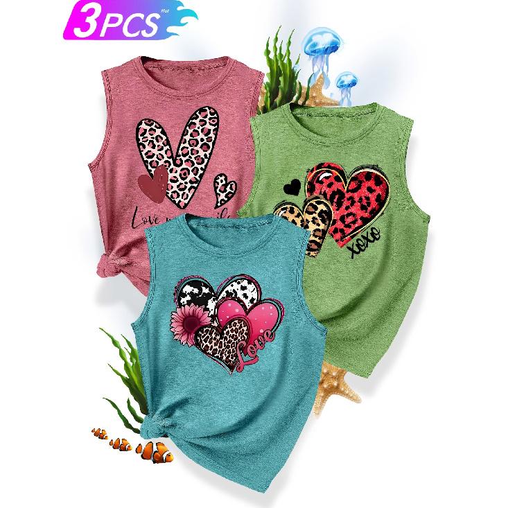 3Matching Sister Outfit Set with Heart Print, Fashionable, Simple, Fresh, Casual Sporty Style for Spring and Autumn, Round Neck Tank Top, Available
