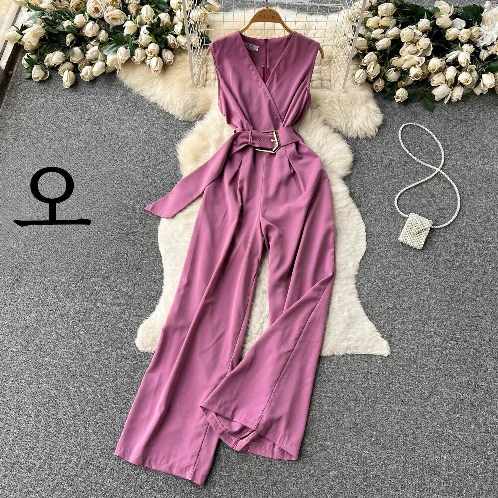 2024, primăvară și vară, nou sexy, cu decolteu în V, cu bretele în talie, care îmbrățișează, pantaloni lungi, drepti, grațioși, cu picioare late