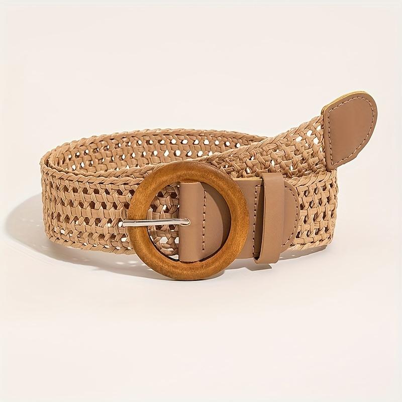 PP Casual Beach Fashion Grass Belt with Round Wooden Buckle for Women's Dress