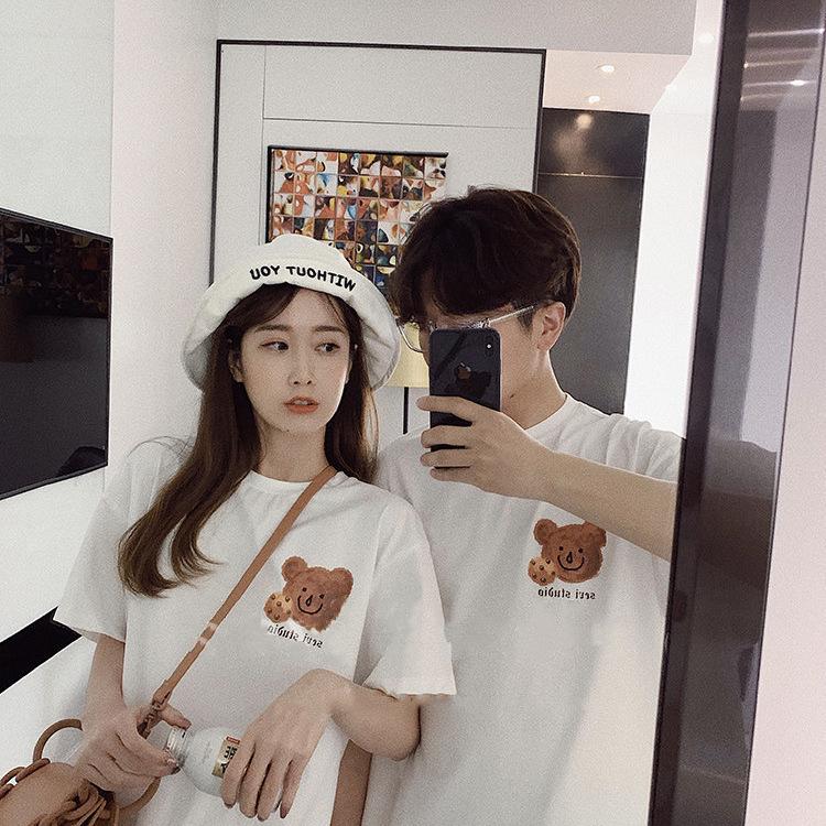 SCIONE Retro Bear Cartoon Printing Short-sleeved Round Neck Loose Leisure Versatile T-shirt 2025 New Sweet Cute Bear Couple Clothing