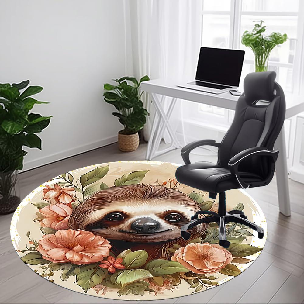 1pc Sloth Floral Print Carpet for Office Non-Slip, Round Carpet, Soft & Comfortable, Carpet for Office, Lightweight Round Floor Mat