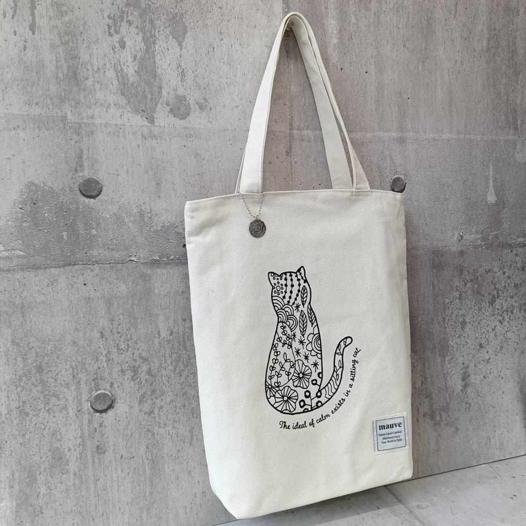 [malva] NY Kanvasväska, A4-storlek, Smal och Lätt, Dragkedja, Unisex för Pendling, Skola och Vardagsbruk (Blommig Katt x Vit)