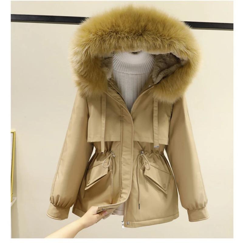 Cotton Padded Plus Size 2XL Winter Big Fur Jacket Women Loose Slim Warm Hooded Parka Coat Down Jacket