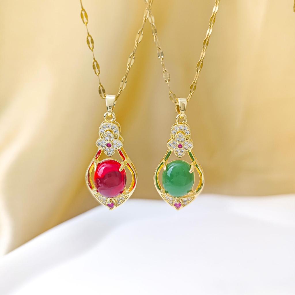 Emerald Gemstone Titanium Steel Necklace for Women - Light Luxury Pendant