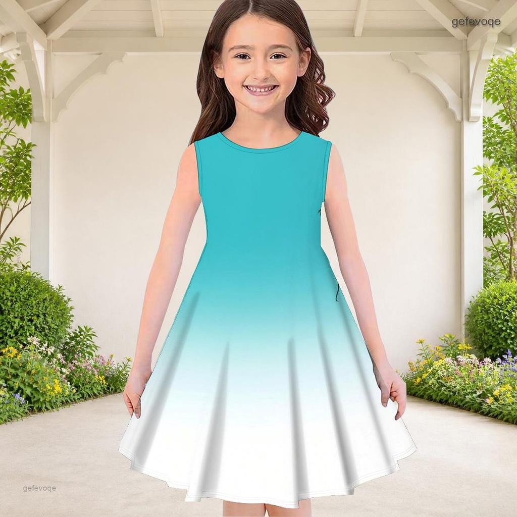 Little Girls Round Neck Sleeveless Clover Printed A Line Flared Dress