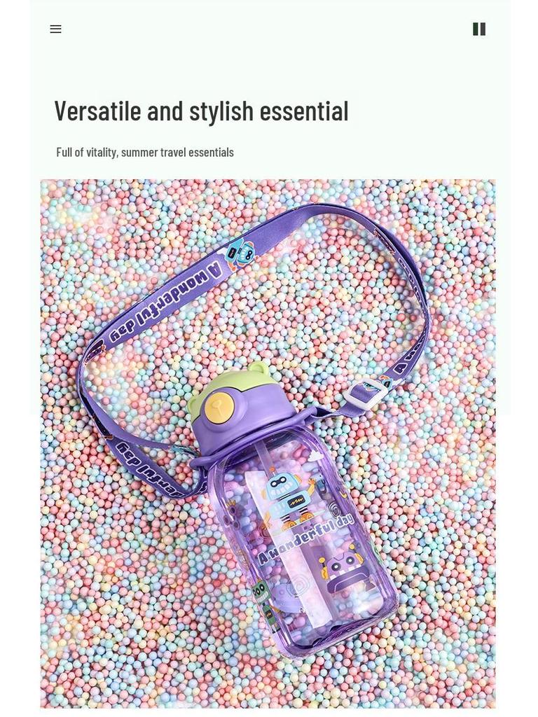 Portable Children's Straw Water Bottle with Strap for Elementary Students