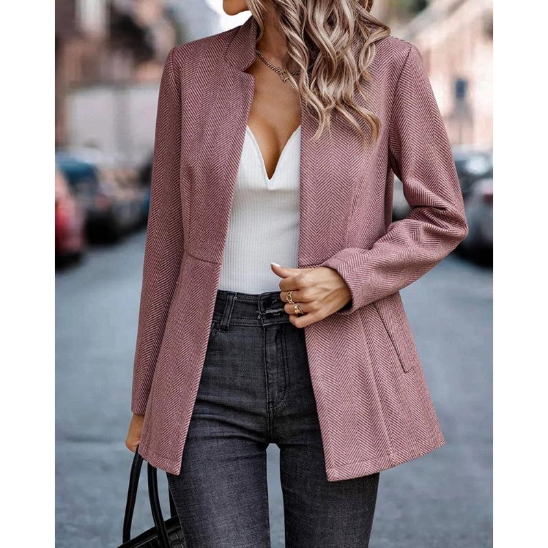 VEZFAA   Women's Fashion Casual Solid Color Print Fall Winter Long Sleeve Stand-Neck Jackets & Coats