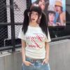 Summer Vintage Red Cracked Script Focus Frame Mirror Letter Off Shoulder Crop Top White Slim T-Shirt Women Y2K Street Cotton Tee