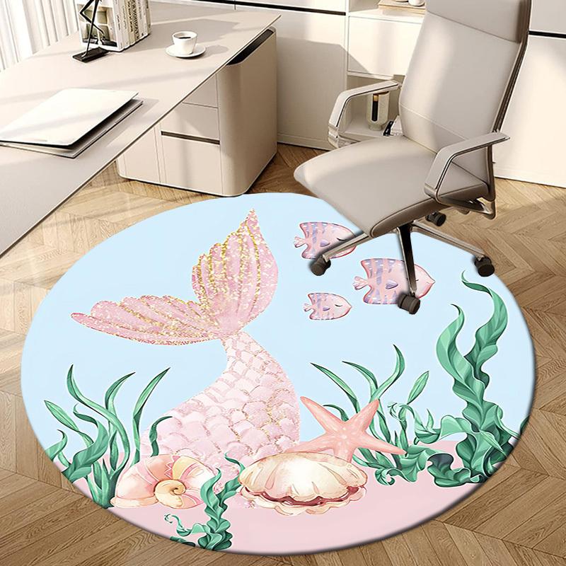 1PC Mermaid Shell Non-Slip Floor Round Carpet, Office, Family, Bedroom, Large Area Rug Indoor Rugs, Durable Polyester-Z0414