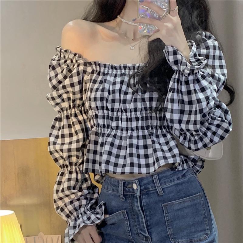 

WTEMPO весенняя женская клетчатая рубашка в Корейском стиле, свободная рубашка с квадратным вырезом и талией, винтажная уличная рубашка с рукавами-пузырьками, топ Y2k XXL