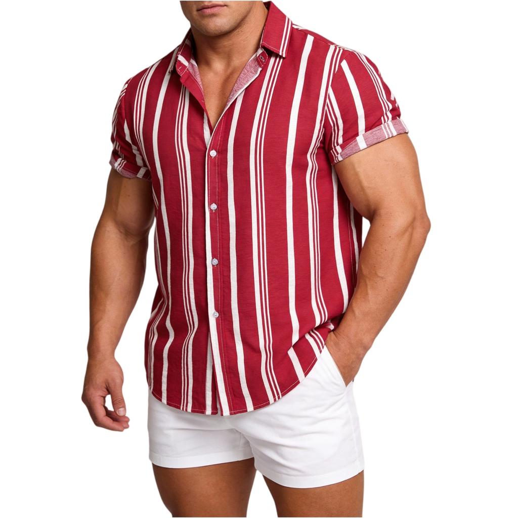 Men's Casual Short Sleeve Button Down Shirt Lightweight Breathable Striped Polo Collar Shirt Suitable for Vacation and Sports Wear