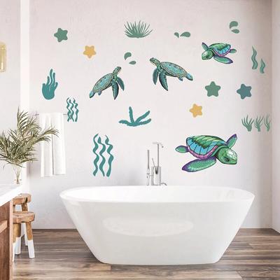 2 Piezas Pegatina Tortuga Marina Hierba Verde PVC Removible Baño Pegatina de Pared Tortuga Marina