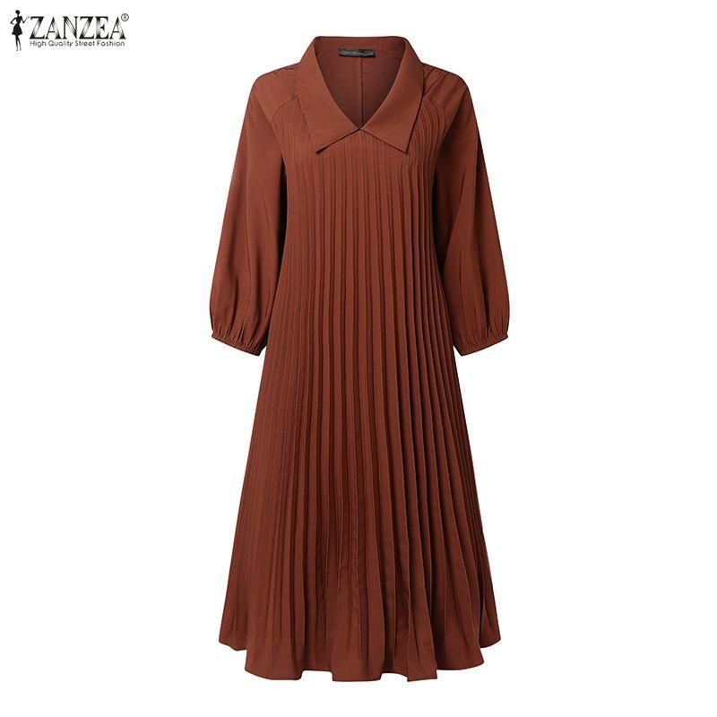 ZANZEA Women Lapel Collar Solid Color 3/4 Sleeve Dress