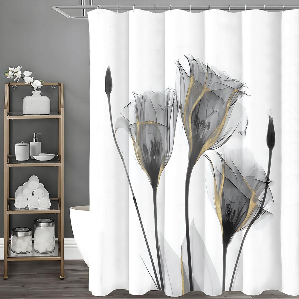 Gray Floral with Gold Line Decorative Shower Curtain, Bathroom Decorative Shower Curtain, Waterproof Shower Curtain with Hooks