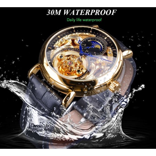 FORTINING Men's Automatic Analog Watch, Fashion Skeleton Tourbillon, Waterproof Moon Phase Leather Mechanical Watch (Black)