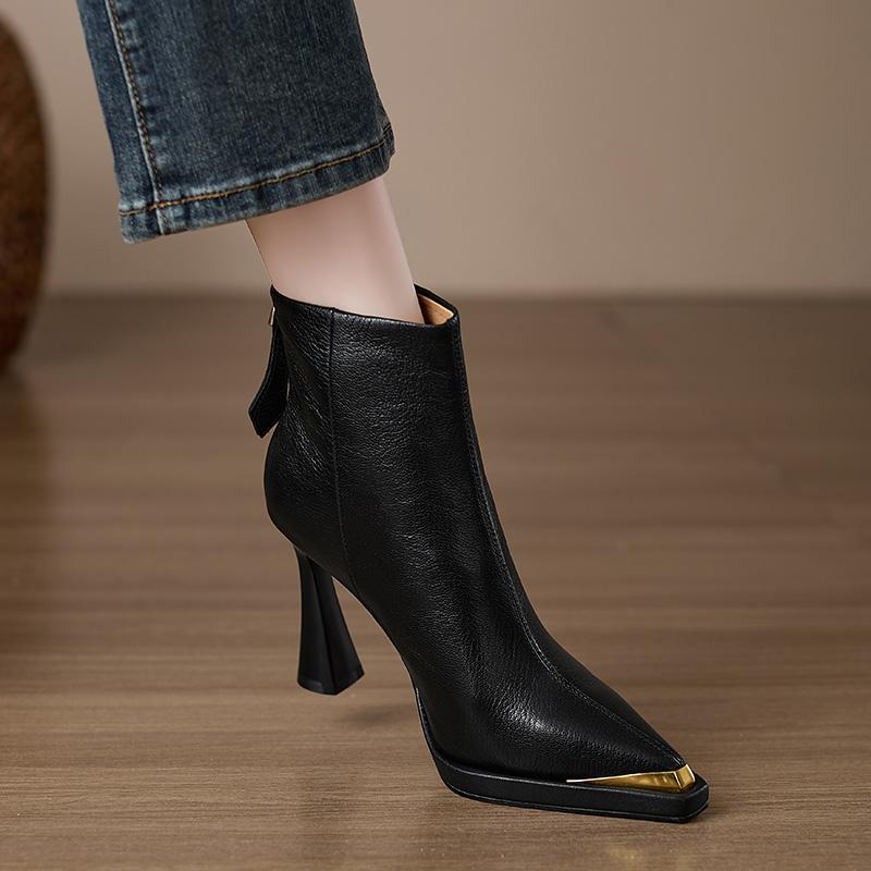 Design Style Metal Toe Women Ankle Boots Autumn Winter Slim Short Booties Fashion Back Zippers Square Heels Shoes