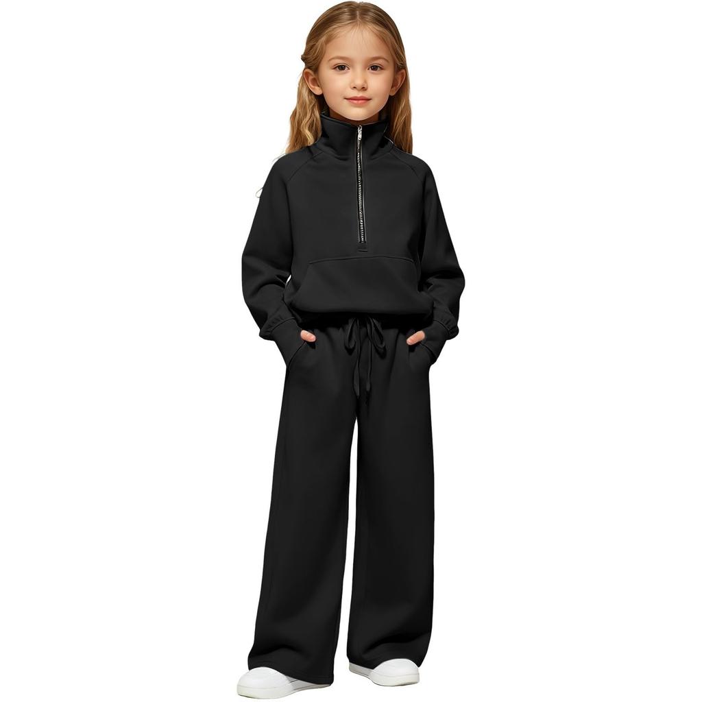 Girls' High,Neck Half,Zip Sweatshirt + Long Pants Sports Fleece Casual Children's Set