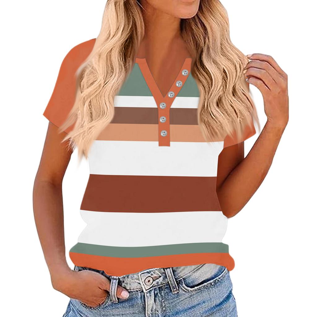 Women's Fashionable Casual V-neck Button-down Striped Print Short-sleeved Top For Summer