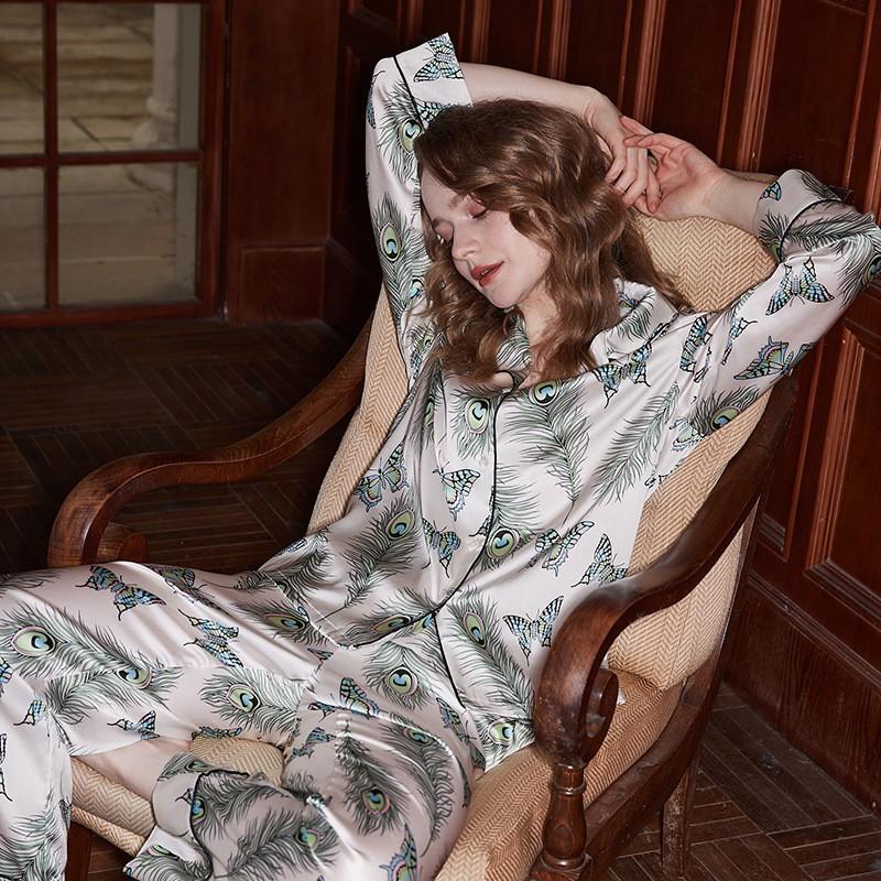 White Peacock Feather Silk Blend Loungewear Set Women Thin Long Sleeve Pajamas