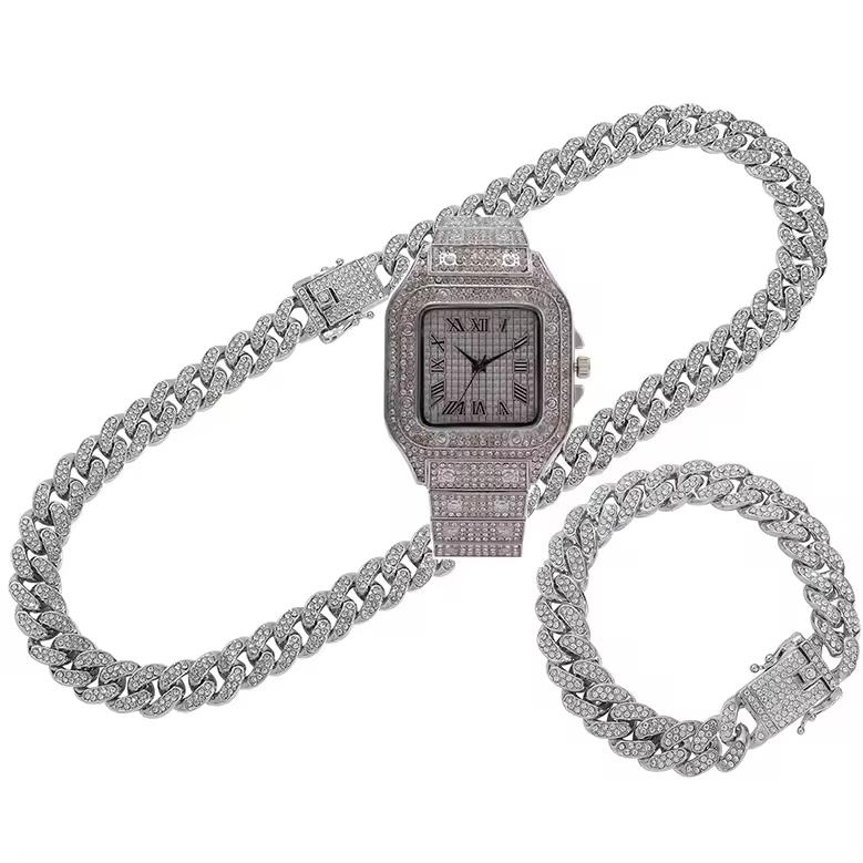 Bling Fully Iced Out Quartz Watch Necklace Bracelet Set Silver Gold Plated 13mm Chain Diamond Pointer Dial Men's
