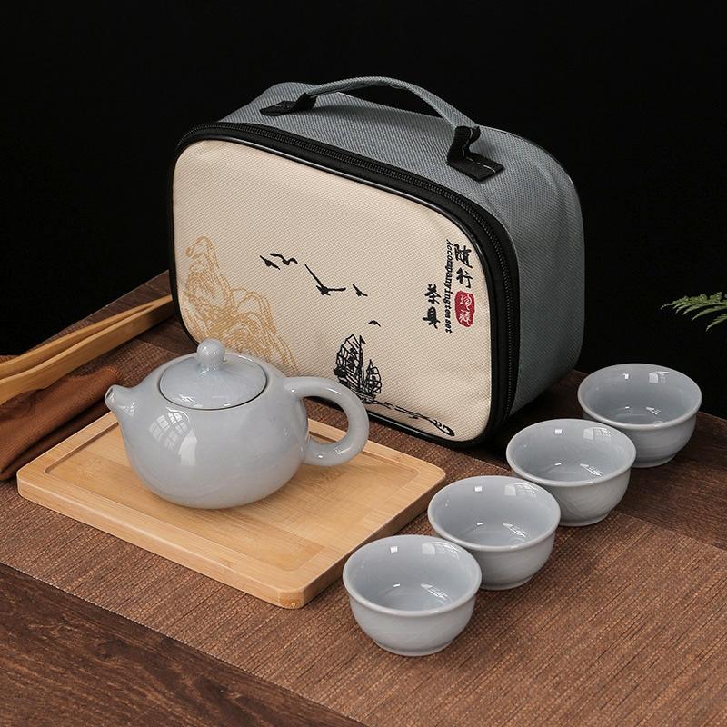 Chinese Tradition Kung Fu Tea Set Portable Ceramic Travel Tea Set Home Office One Teapot Four Teacup Teaware Tea Ceremony Gifts