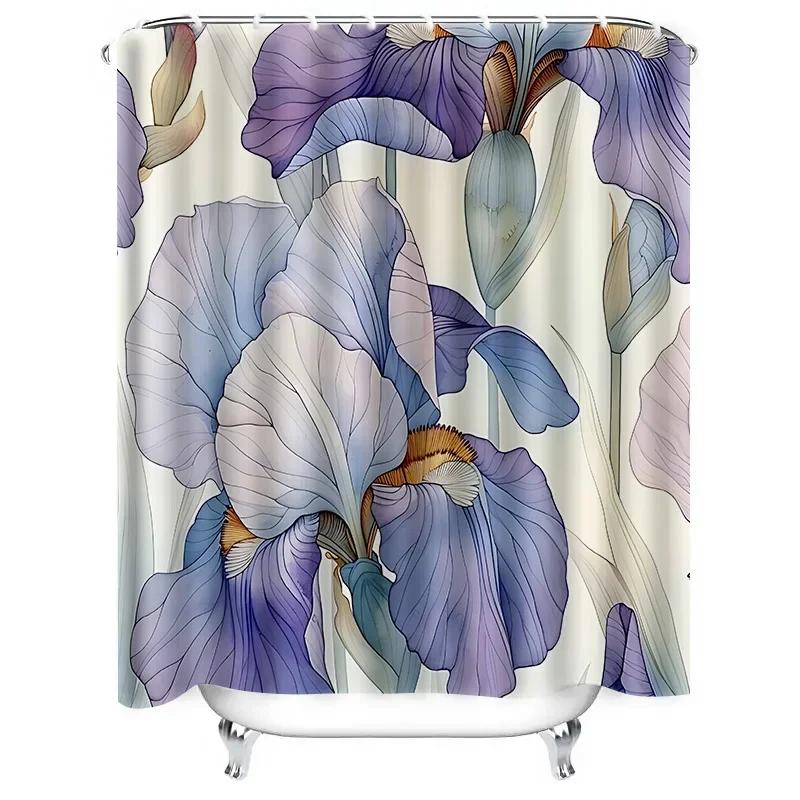 Elegant Iris Flower Pattern Shower Curtain for Home Decor - Soft Purple and Blue Floral Design Waterproof Bathroom Accessory