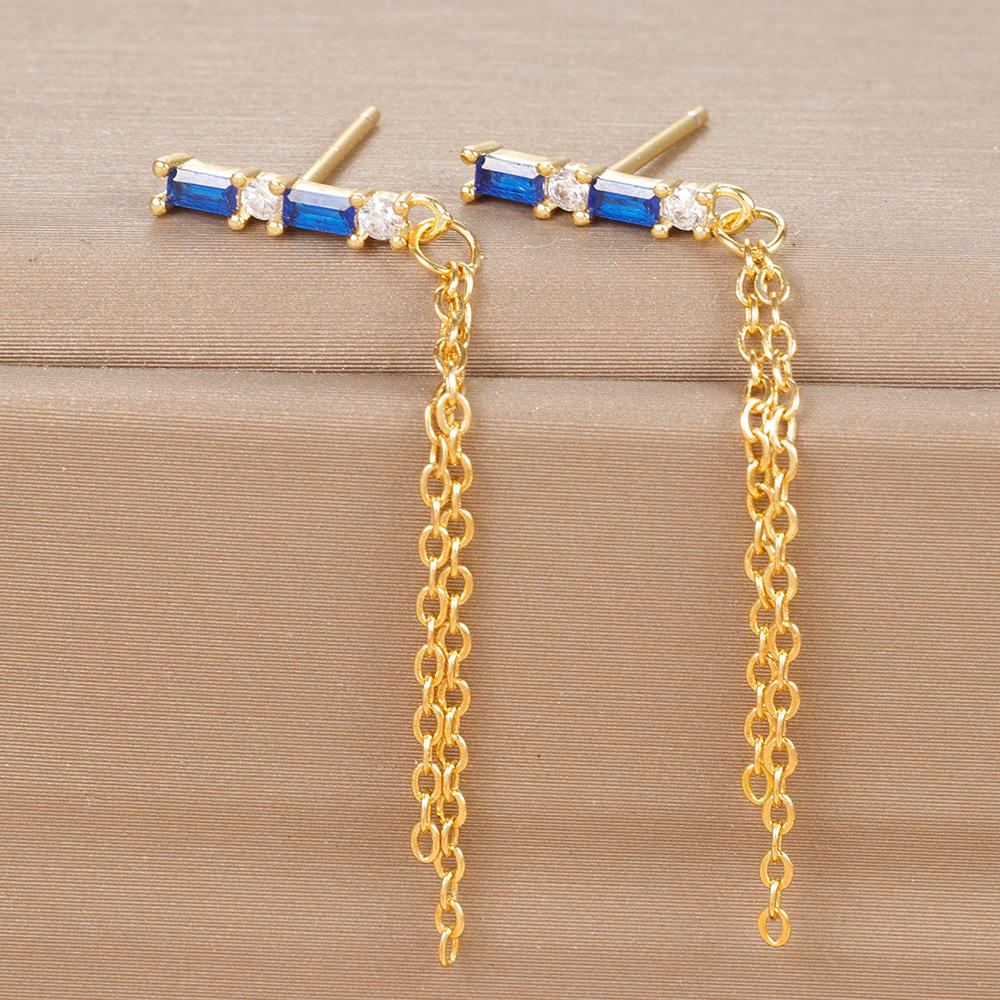 Cross-Border European and American High-Grade Tassel Chain Sterling Needle Stud Earrings Blue Zircon Rectangular