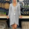 V-Neck Long Sleeve High-low Hem Autumn Dress Shiny Sequins Plus Size Casual Dress