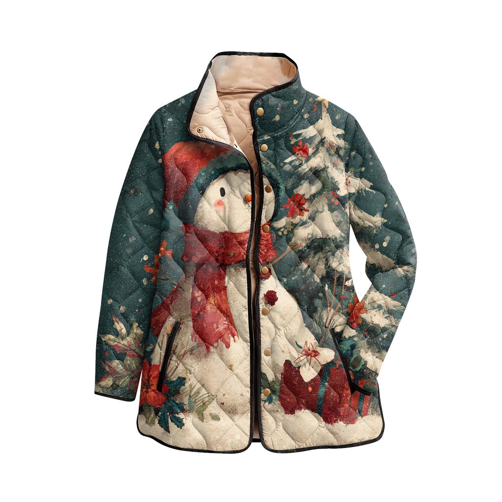 Cappotto da donna in cotone a maniche lunghe imbottito a collo alto con stampa natalizia e bottoni
