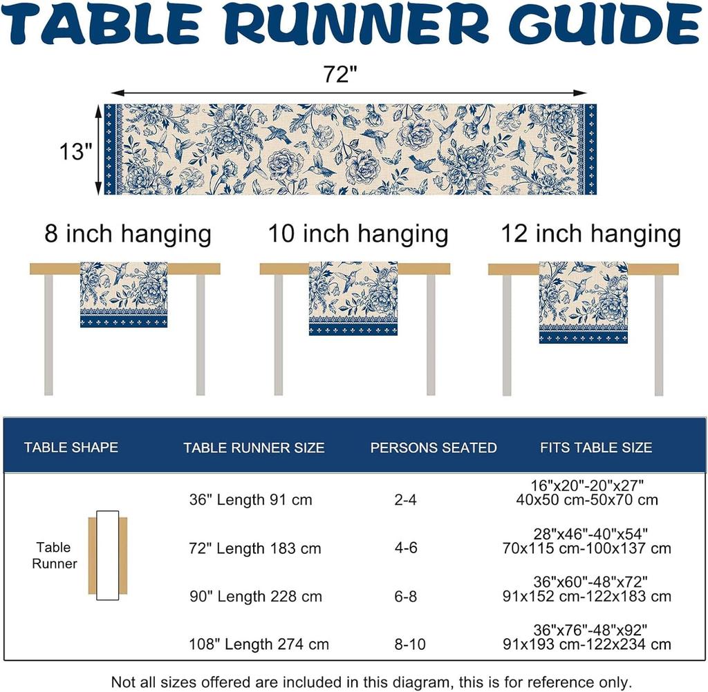 Blue and White Porcelain Floral Birds Linen Table Runner Party Decor Farmhouse Kitchen Dining Table Runner Wedding Decorations