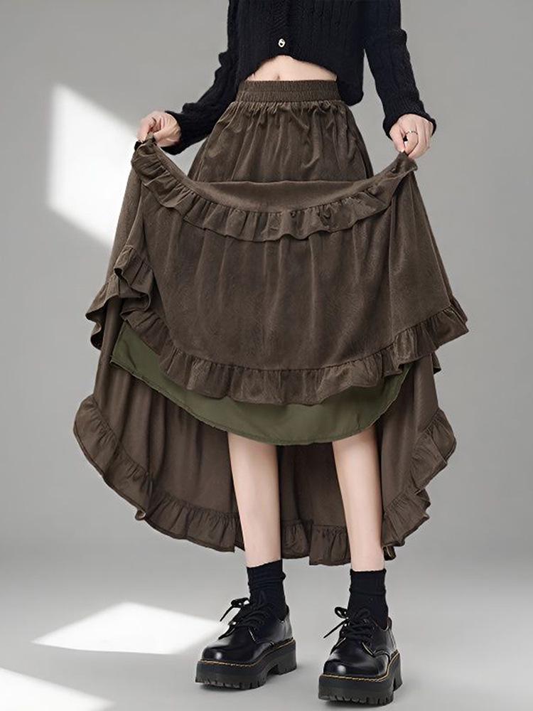 Women's 2026 A-Line Layered Velvet Umbrella Skirt with Elastic Waist - Mid-Length, In Stock
