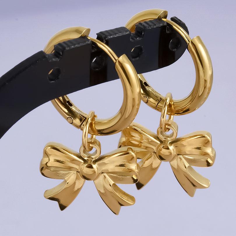 Real Gold Plated Fashion Kpop Piercing Jewelry Girl Bowknot Flower Heart Pendant Earring Stainless Steel Hoop Earrings For Women