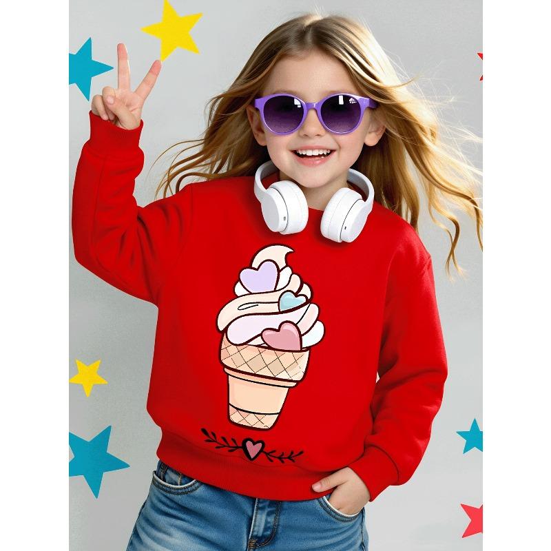 Kids Sweatshirt Crewneck Sweatshirt for kids Featuring a Heart-Shaped Ice Cream Cone Design, Suitable for Machine Washing 110 красный