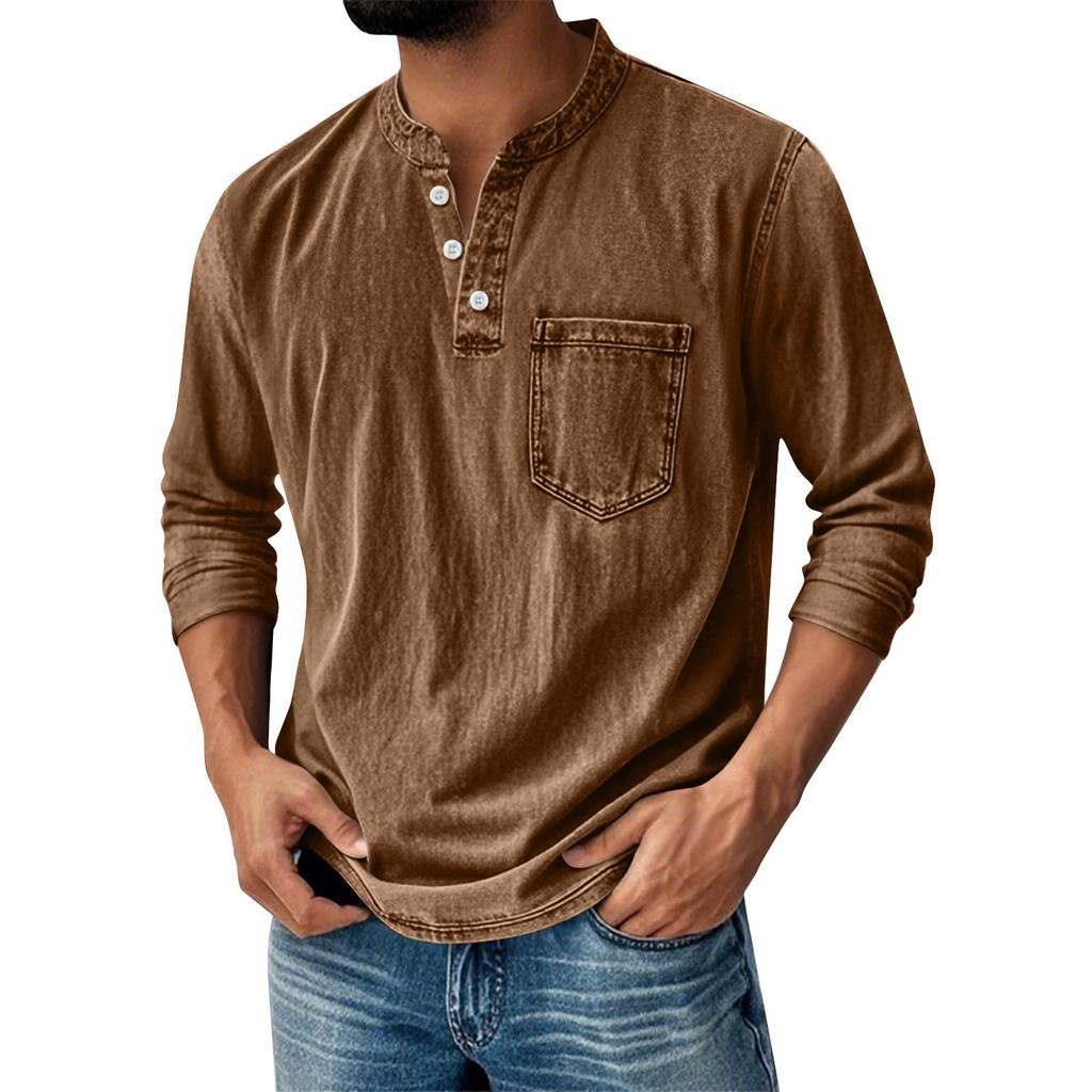 Men's Solid Color Washed Sports Button Pocket Stand Collar Long Sleeve Top