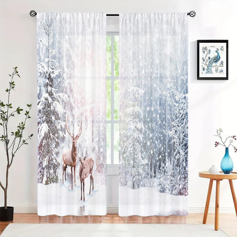 2 Pieces, Reindeer Curtains In Winter Forest Snow -30% Blackout - Suitable for Living Room, Bedroom, Kitchen, Home Decoration