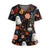 Women V Neck Short Sleeve Split Hem Halloween Print Scrub Top with Dual Pockets for Nurse and Caregiver Uniform