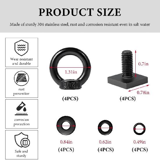 4 PCS T Track Mount Tie Down Anchor For Roof Rack, M8 Sturdy Stainless Steel T Slot Bolt Tie Down Rings Anchoring Kit, T Track Bolts Accessory For