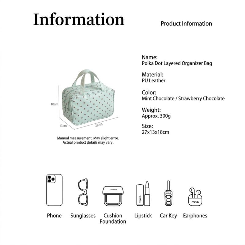 Polka Dot Cosmetic Bag Large Capacity Pu Waterproof Travel Toiletry Organizer Three-Layer Partition Travel Storage Bag