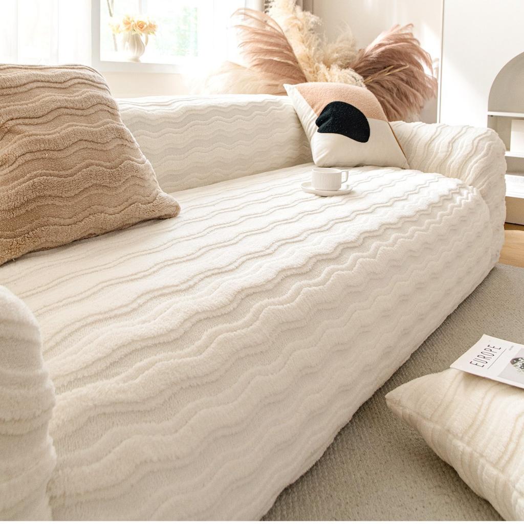 New Sofa Cover with Cream Style Solid Color Plush Sofa Cover Fully Covered with Universal Dust Proof Protective Fabric