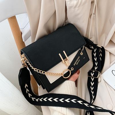 Trendige Klappen-Quadrat-Tasche, Damenmode Kunstleder-Geldbörse, Stilvolle Kettendekor Umhängetasche