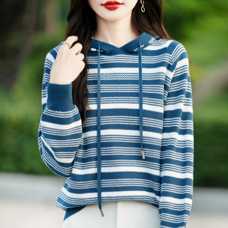 

Тяжелое Утолщенное Хлопковое Полосатое Худи для Женщин на Осень и Зиму Новое Модное и Универсальное Теплое Вязаное Свитер Ленивое Худи M