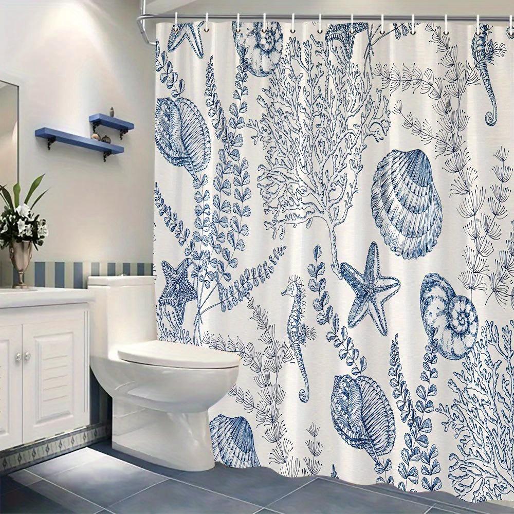 1 blue and white sea creature shower curtain with starfish, shells, seaweed and corals, vintage nautical style, with hooks